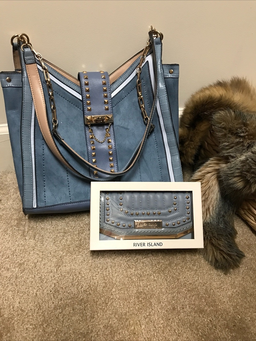 River Island Blue Tote with Gold Stud & Chain Trim